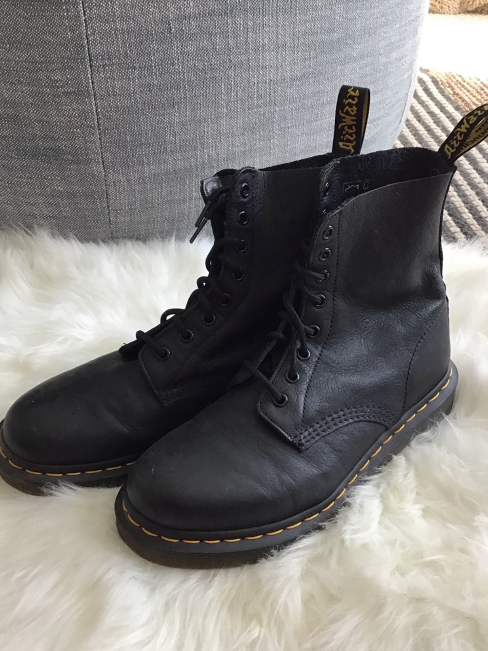 Dr. Martens Black Leather 8-Eye Lace-Up Boots with Yellow Stitching